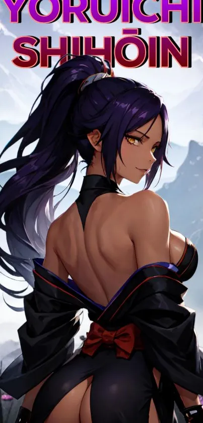 Anime character with vibrant purple tones set against a scenic backdrop.