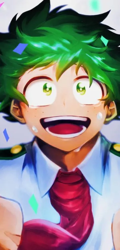 Anime character with green hair, vibrant expression.