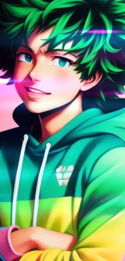 Vibrant anime character with green hair and hoodie, colorful art.