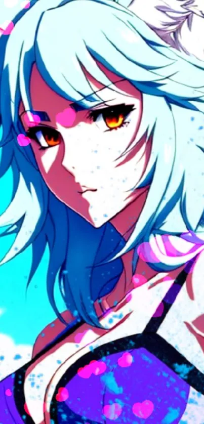 Anime character with teal hair and orange eyes on a vibrant background.