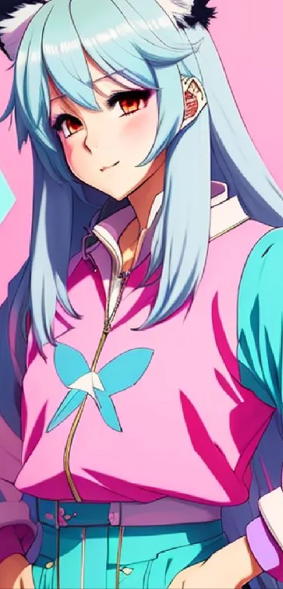 Anime character with pink and teal outfit on vibrant wallpaper.