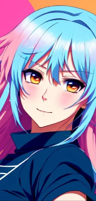 Anime character with colorful blue and pink hair against a vibrant background.