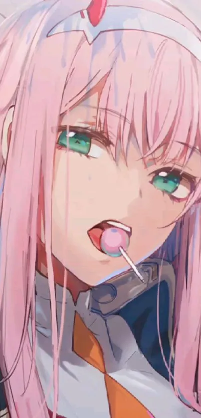 Vibrant anime character with pink hair and lollipop.