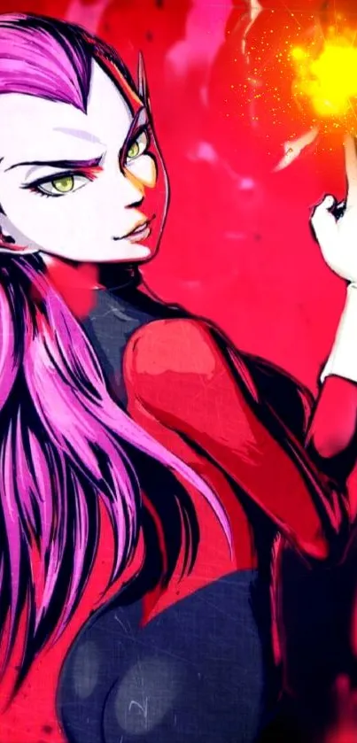 Vibrant anime character with pink hair and fiery background.