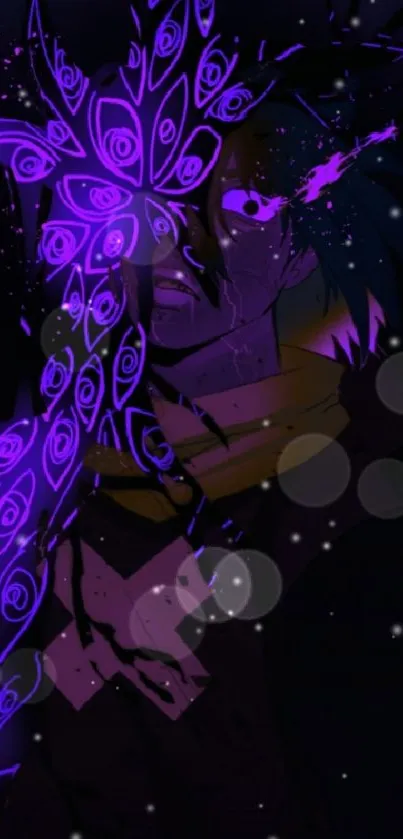 Anime character engulfed in vibrant purple energy on dark background.