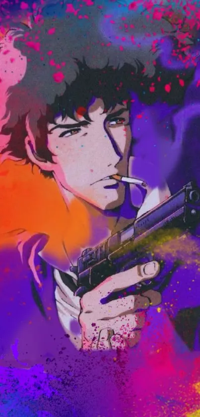 Anime character with vibrant colors, smoking, holding a gun.