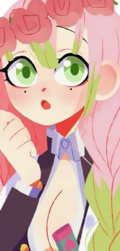 Anime character with pink hair and green eyes in vibrant style.