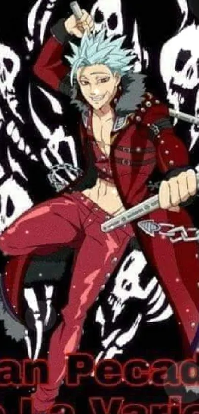 Energetic anime character with red outfit and dynamic pose on a dark background.