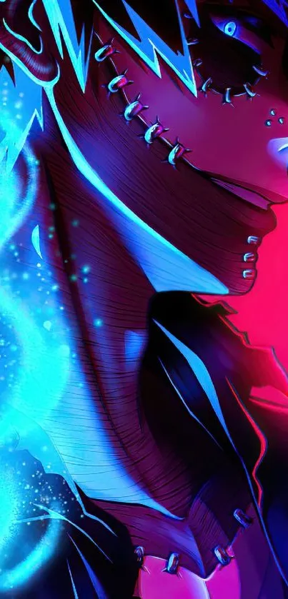 Anime character art with blue and pink colors in vibrant digital style.