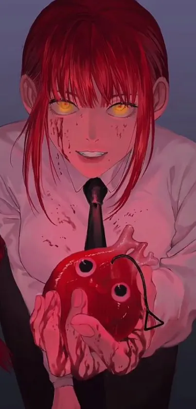 Anime character with red hair and yellow eyes holding a red object on a blue background.