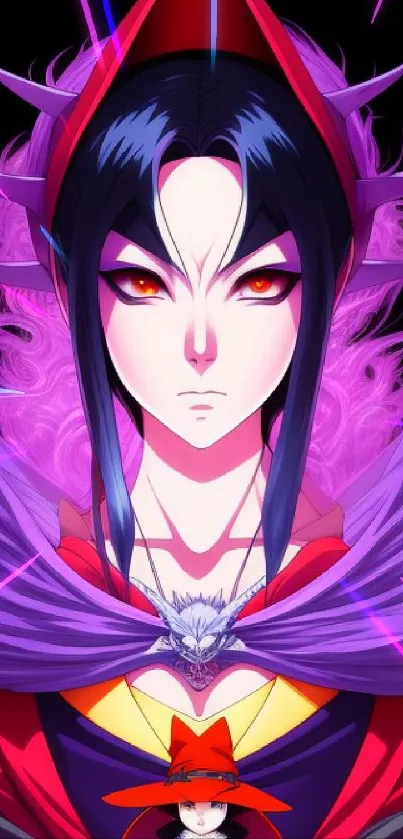 Anime character with vibrant purple and red colors, featuring striking design.