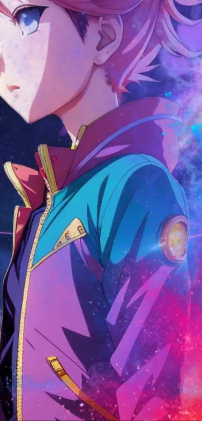 Anime character with vibrant purple and blue cosmic background.