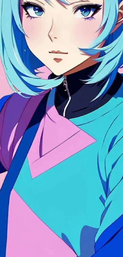 Anime character with blue hair and colorful outfit on a pastel pink background.