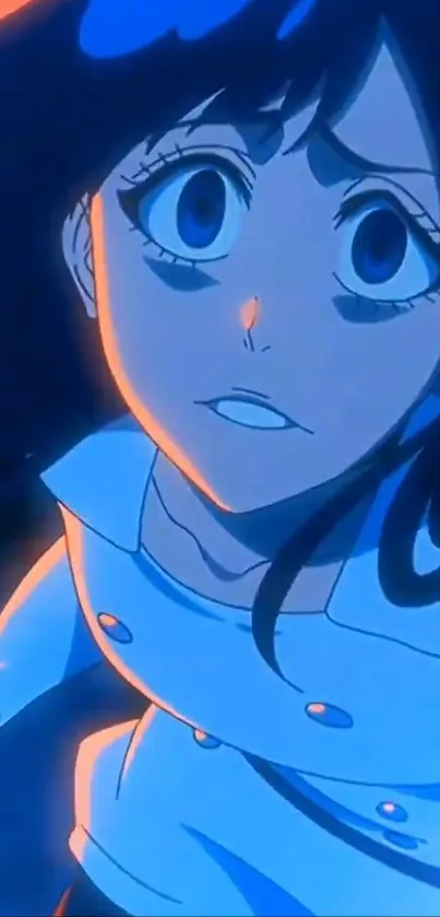 Anime character in blue hue with dramatic expression.