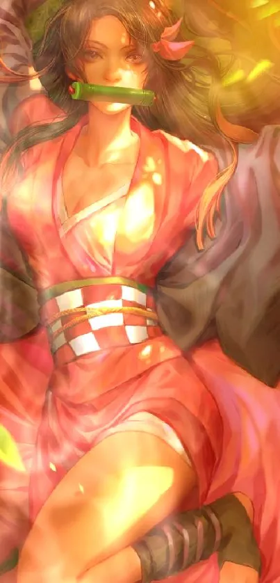 Dynamic anime character in vivid kimono with warm colors.