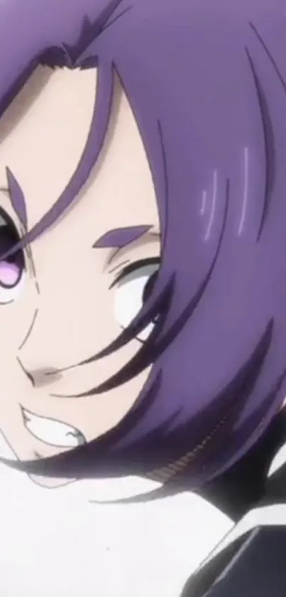 Anime character with purple hair close-up.