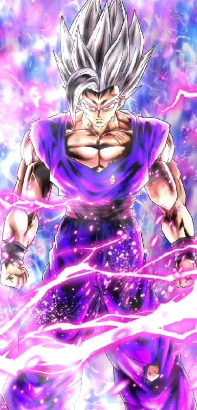 Anime character with vibrant purple aura in a dynamic art style.