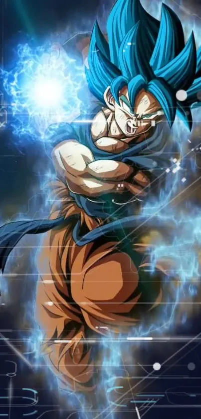 Dynamic anime character with blue energy aura in vibrant style.