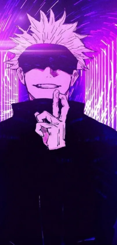 Anime character with vibrant purple background.