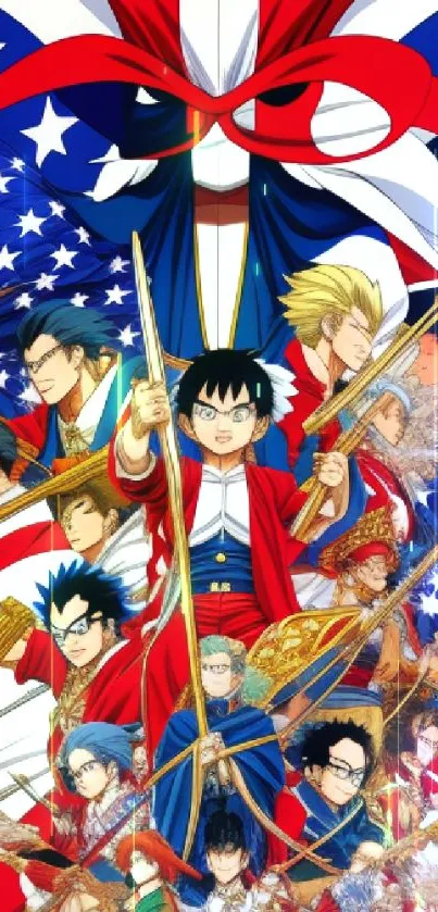 Vibrant anime characters in colorful attire with red and blue accents on mobile wallpaper.