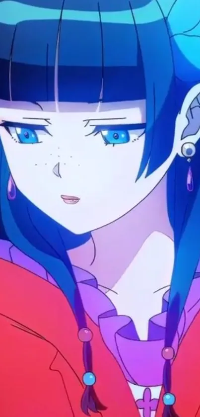 Anime character with blue hair and red dress, stylish and vibrant.