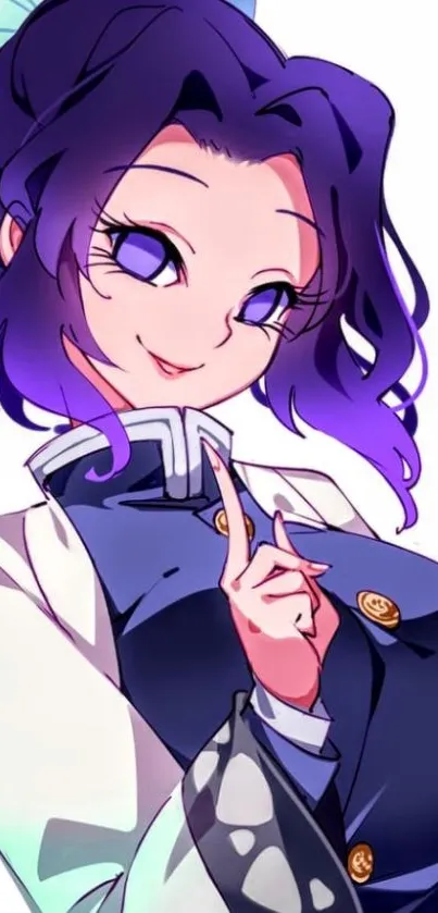 Anime character with purple hair and detailed attire in vibrant colors.