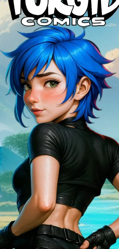 Anime character with blue hair and bold design on a scenic background.
