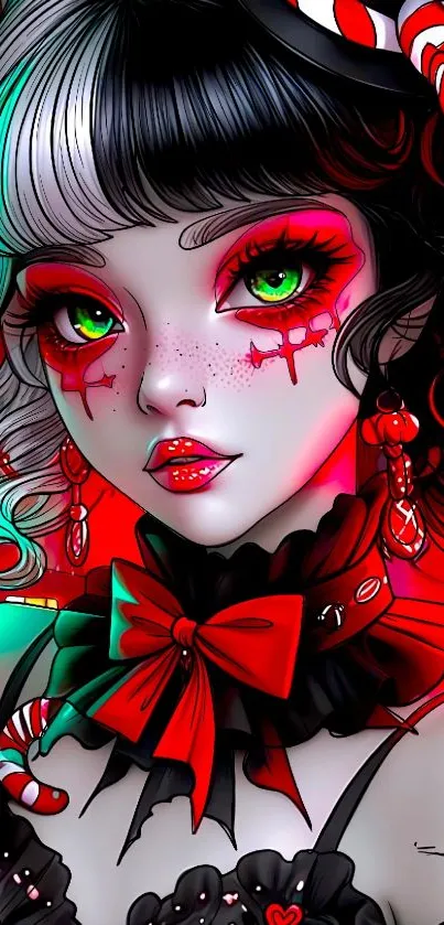 Anime character with green eyes and red accents.