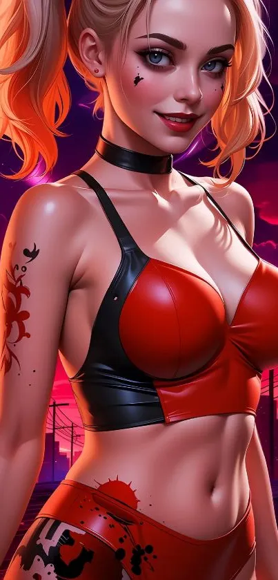 Anime character in vibrant red and black outfit with urban backdrop.