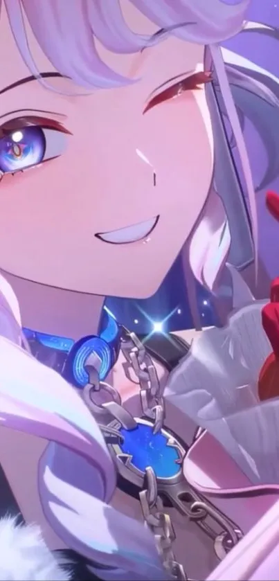 Anime character winking with vibrant purple hues.