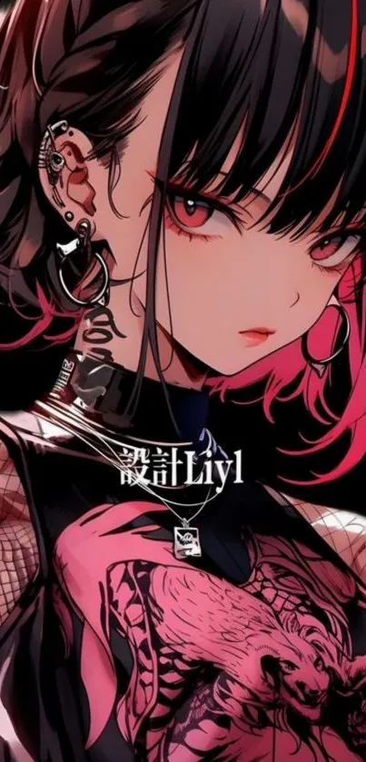 Anime character with vibrant black and pink theme.