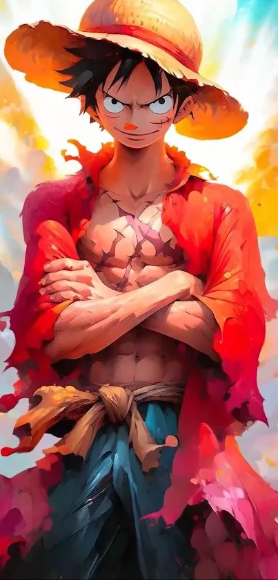 Anime character with vibrant red and orange art style, arms crossed.