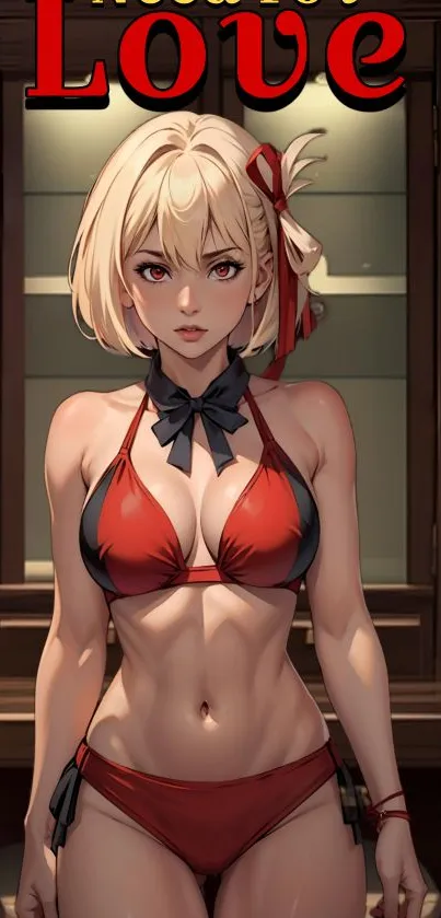 Vibrant anime character in red bikini with bold colors.