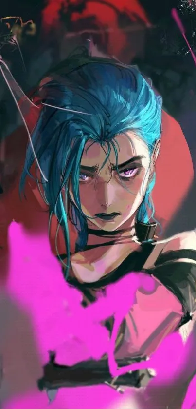 Vibrant anime character with blue hair and bold colors in dynamic artwork.