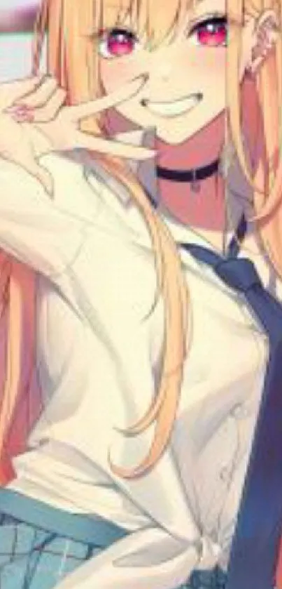 Vibrant anime character with peach hair and school outfit on mobile wallpaper.