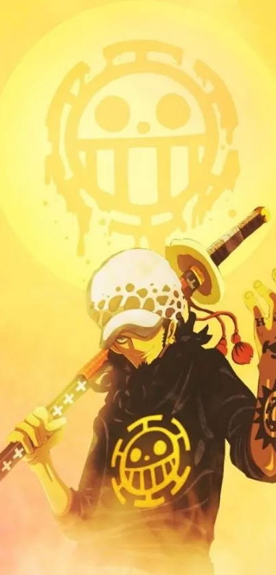 Anime character with sword on vibrant yellow background.