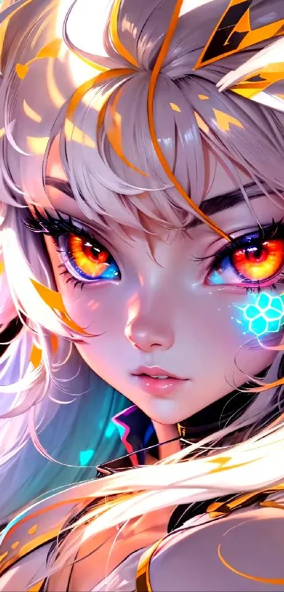 Vibrant anime character with fiery eyes and futuristic elements.