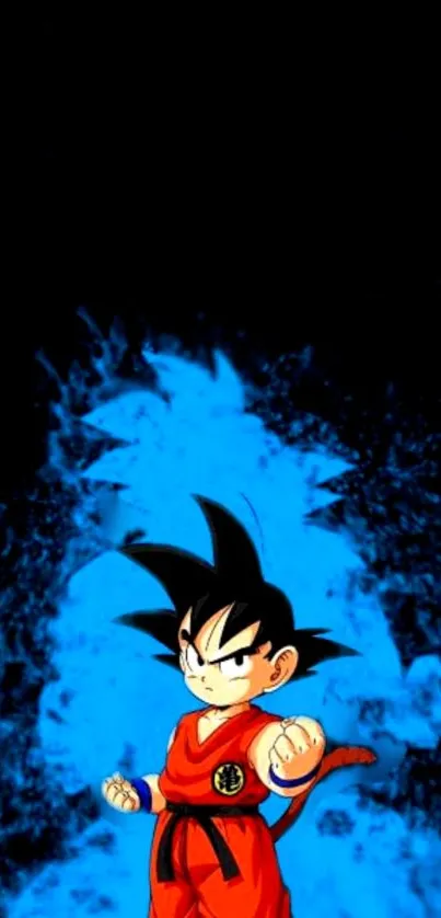 Anime character with vibrant blue aura on a black background mobile wallpaper.