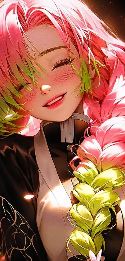 Anime character with pink hair and colorful background.