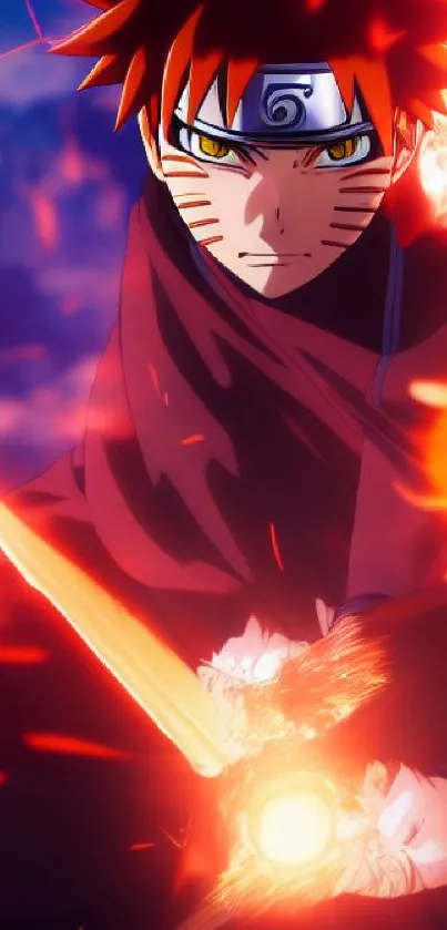 Anime character in fiery battle scene, vibrant colors.