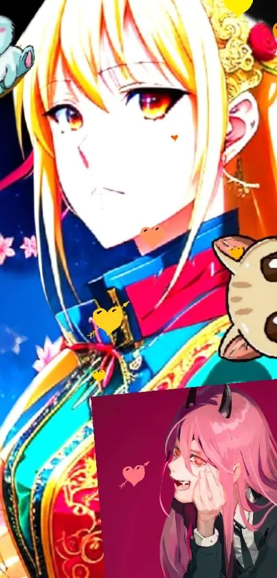 Anime characters with vibrant colors and cute animals in an artistic collage.