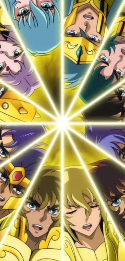 Anime characters in gold armor arranged in a vibrant starburst.