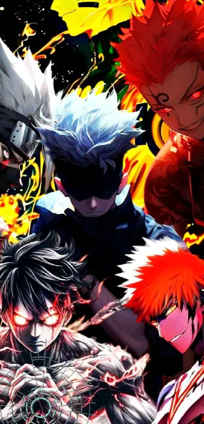 Dynamic anime characters with vibrant colors on black background.