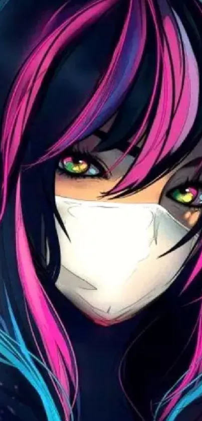 Anime character with pink and blue hair wearing a mask.