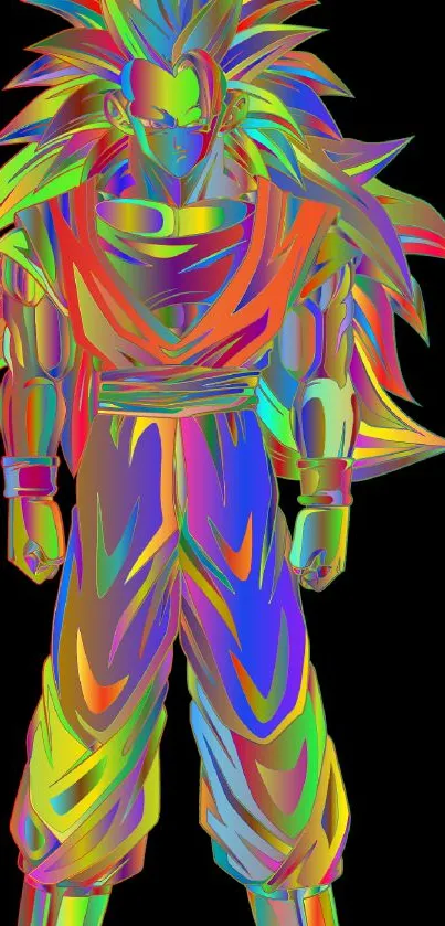 Colorful anime character with rainbow hues on a black background.