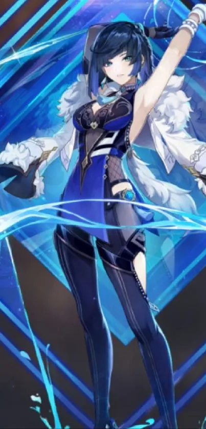 Anime character with blue energy and dynamic elements.