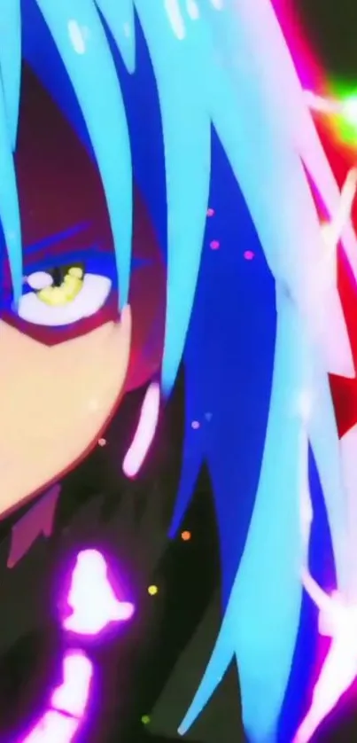 Vibrant anime character with blue hair and colorful effects.