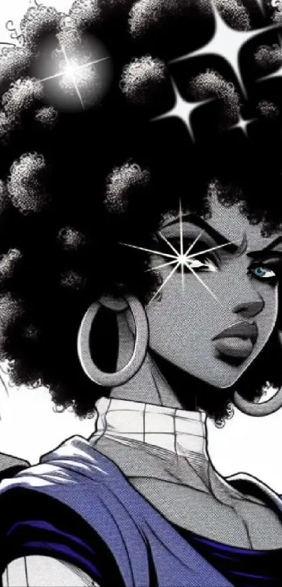 Anime character with afro hairstyle, vibrant blue highlights, and bold look.