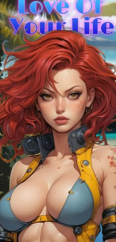 Anime character with red hair and futuristic design elements.