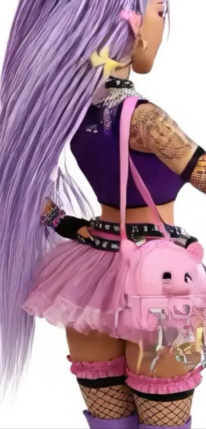 Anime character with purple hair and stylish outfit.